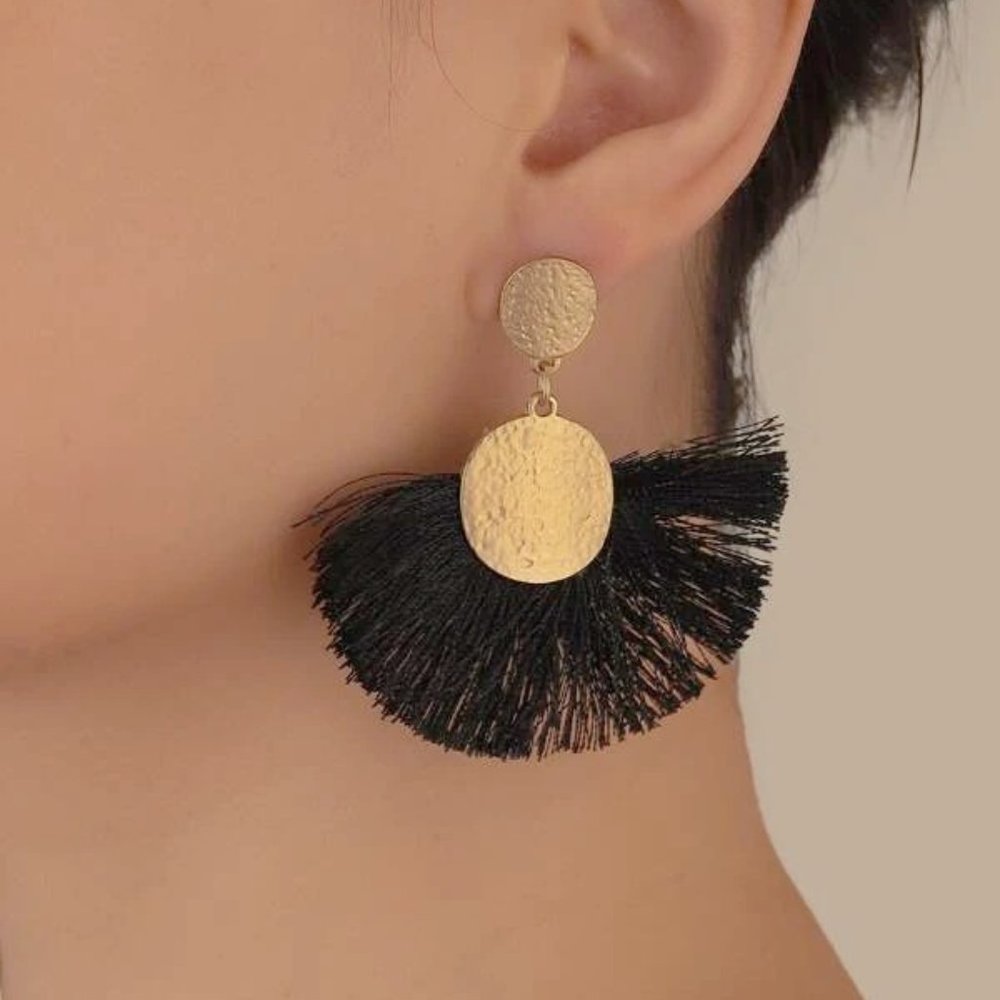 NEW Black Gold Tassel‎ Fringe Earrings